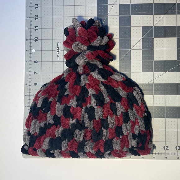 Handmade Kid’s Soft & Cozy Winter Hat With Loopy Pom-Pom - Cranberry/Gray/Black - Picture 8 of 9